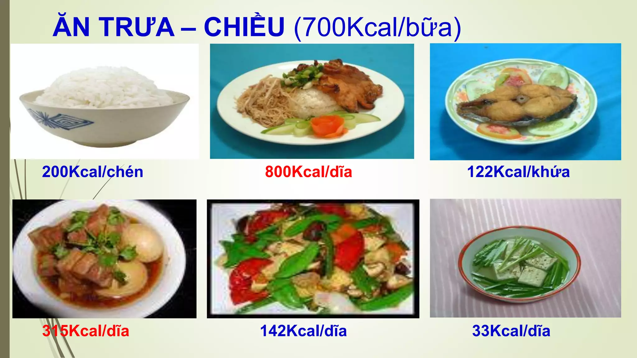 ĂN TRƯA – CHIỀU (700Kcal/bữa)
200Kcal/chén 800Kcal/dĩa 122Kcal/khứa
315Kcal/dĩa 142Kcal/dĩa 33Kcal/dĩa
 