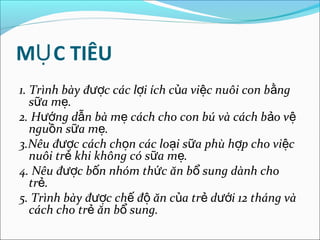 MỤ C TIÊU
1. Trình bày được các lợi ích của việc nuôi con bằng
   sữa mẹ.
2. Hướng dẫn bà mẹ cách cho con bú và cách bảo vệ
   nguồn sữa mẹ.
3.Nêu được cách chọn các loại sữa phù hợp cho việc
   nuôi trẻ khi không có sữa mẹ.
4. Nêu được bốn nhóm thức ăn bổ sung dành cho
   trẻ.
5. Trình bày được chế độ ăn của trẻ dưới 12 tháng và
   cách cho trẻ ăn bổ sung.
 