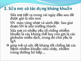 2. Sữ a mẹ có tác dụ ng kháng khuẩ n
  Sữa mẹ tiết ra trong vài ngày đầu sau đẻ
  được gọi là sữa non
  SN màu vàng nhạt và sánh đặt. Sau giai
  đoạn SN là sữa trưởng thành.
  Sữa mẹ có nhiều yếu tố chống nhiễm
  khuẩn là các kháng thể hay còn gọi là các
  globulin miễn dịch, trong đó chủ yếu là
  IgA
 giúp trẻ có sức đề kháng tốt chống lại các
  bệnh nhiễm khuẩn: tiêu chảy, nhiễm
  trùng đường hô hấp….
 