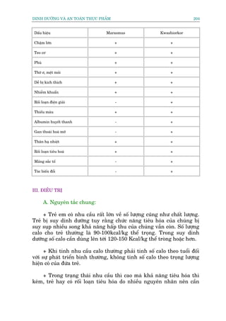DINH DÛÚÄNG VAÂ AN TOAÂN THÛÅC PHÊÍM                                     204


Dêëu hiïåu                        Marasmus                Kwashiorkor

Chêåm lúán                             +                      +

Teo cú                                 +                      +

Phuâ                                   +                      +

Thúâ ú, mïåt moãi                      +                      +

Dïî bõ kñch thñch                      +                      +

Nhiïîm khuêín                          +                      +

Röëi loaån àiïån giaãi                 -                      +

Thiïëu maáu                            +                      +

Albumin huyïët thanh                   -                      +

Gan thoaái hoaá múä                    -                      +

Thên haå nhiïåt                        +                      +

Röëi loaån tiïu hoaá                   +                      +

Maãng sùæc töë                         -                      +

Toác biïën àöíi                        -                      +




III. ÀIÏÌU TRÕ

       A. Nguyïn tùæc chung:

     + Treã em coá nhu cêìu rêët lúán vïì söë lûúång cuäng nhû chêët lûúång.
Treã bõ suy dinh dûúäng tuy rùçng chûác nùng tiïu hoáa cuãa chuáng bõ
suy suåp nhiïìu song khaã nùng hêëp thu cuãa chuáng vêîn coân. Söë lûúång
calo cho treã thûúâng laâ 90-100kcal/kg thïí troång. Trong suy dinh
dûúäng söë calo cêìn duâng lïn túái 120-150 Kcal/kg thïí troâng hoùåc hún.

      + Khi tñnh nhu cêìu calo thûúâng phaãi tñnh söë calo theo tuöíi àöëi
vúái sûå phaát triïín bònh thûúâng, khöng tñnh söë calo theo troång lûúång
hiïån coá cuãa àûáa treã.

    + Trong traång thaái nhu cêìu thò cao maâ khaã nùng tiïu hoáa thò
keám, treã hay coá röëi loaån tiïu hoáa do nhiïìu nguyïn nhên nïn cêìn
 