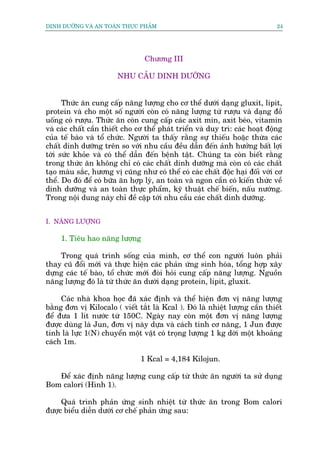 DINH DÛÚÄNG VAÂ AN TOAÂN THÛÅC PHÊÍM                                           24




                                 Chûúng III

                        NHU CÊÌU DINH DÛÚÄNG


      Thûác ùn cung cêëp nùng lûúång cho cú thïí dûúái daång gluxit, lipit,
protein vaâ cho möåt söë ngûúâi coân coá nùng lûúång tûâ rûúåu vaâ daång àöì
uöëng coá rûúåu. Thûác ùn coân cung cêëp caác axit min, axit beáo, vitamin
vaâ caác chêët cêìn thiïët cho cú thïí phaát triïín vaâ duy trò: caác hoaåt àöång
cuãa tïë baâo vaâ töí chûác. Ngûúâi ta thêëy rùçng sûå thiïëu hoùåc thûâa caác
chêët dinh dûúäng trïn so vúái nhu cêìu àïìu dêîn àïën aãnh hûúãng bêët lúåi
túái sûác khoãe vaâ coá thïí dêîn àïën bïånh têåt. Chuáng ta coân biïët rùçng
trong thûác ùn khöng chó coá caác chêët dinh dûúäng maâ coân coá caác chêët
taåo maâu sùæc, hûúng võ cuäng nhû coá thïí coá caác chêët àöåc haåi àöëi vúái cú
thïí. Do àoá àïí coá bûäa ùn húåp lyá, an toaân vaâ ngon cêìn coá kiïën thûác vïì
dinh dûúäng vaâ an toaân thûåc phêím, kyä thuêåt chïë biïën, nêëu nûúáng.
Trong nöåi dung naây chó àïì cêåp túái nhu cêìu caác chêët dinh dûúäng.


I. NÙNG LÛÚÅNG

     1. Tiïu hao nùng lûúång

    Trong quaá trònh söëng cuãa mònh, cú thïí con ngûúâi luön phaãi
thay cuä àöíi múái vaâ thûåc hiïån caác phaãn ûáng sinh hoáa, töíng húåp xêy
dûång caác tïë baâo, töí chûác múái àoâi hoãi cung cêëp nùng lûúång. Nguöìn
nùng lûúång àoá laâ tûâ thûác ùn dûúái daång protein, lipit, gluxit.

     Caác nhaâ khoa hoåc àaä xaác àõnh vaâ thïí hiïån àún võ nùng lûúång
bùçng àún võ Kilocalo ( viïët tùæt laâ Kcal ). Àoá laâ nhiïåt lûúång cêìn thiïët
àïí àûa 1 lñt nûúác tûâ 150C. Ngaây nay coân möåt àún võ nùng lûúång
àûúåc duâng laâ Jun, àún võ naây dûåa vaâ caách tñnh cú nùng, 1 Jun àûúåc
tñnh laâ lûåc 1(N) chuyïín möåt vêåt coá troång lûúång 1 kg dúâi möåt khoaãng
caách 1m.

                                1 Kcal = 4,184 Kilojun.

   Àïí xaác àõnh nùng lûúång cung cêëp tûâ thûác ùn ngûúâi ta sûã duång
Bom calori (Hònh 1).

     Quaá trònh phaãn ûáng sinh nhiïåt tûâ thûác ùn trong Bom calori
àûúåc biïíu diïîn dûúái cú chïë phaãn ûáng sau:
 
