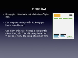 theme.bwt
• Khung giao 徱ện chính, mặc định cho mỗi giao
徱ện.
• Các template sẽ được hiển thị thông qua
khung giao 徱ện này.
• Các thành phần xuất hiện lặp đi lặp lại ở tất
cả các trang nên được đặt trong theme.bwt.
Ví dụ: logo, menu đầu trang, phần chân trang
 