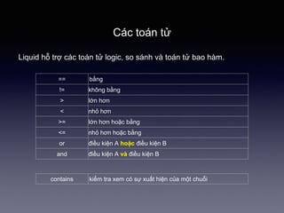 Các toán tử
Liquid hỗ trợ các toán tử logic, so sánh và toán tử bao hàm.
== bằng
!= không bằng
> lớn hơn
< nhỏ hơn
>= lớn hơn hoặc bằng
<= nhỏ hơn hoặc bằng
or điều kiện A hoặc điều kiện B
and điều kiện A và điều kiện B
contains kiểm tra xem có sự xuất hiện của một chuỗi
 