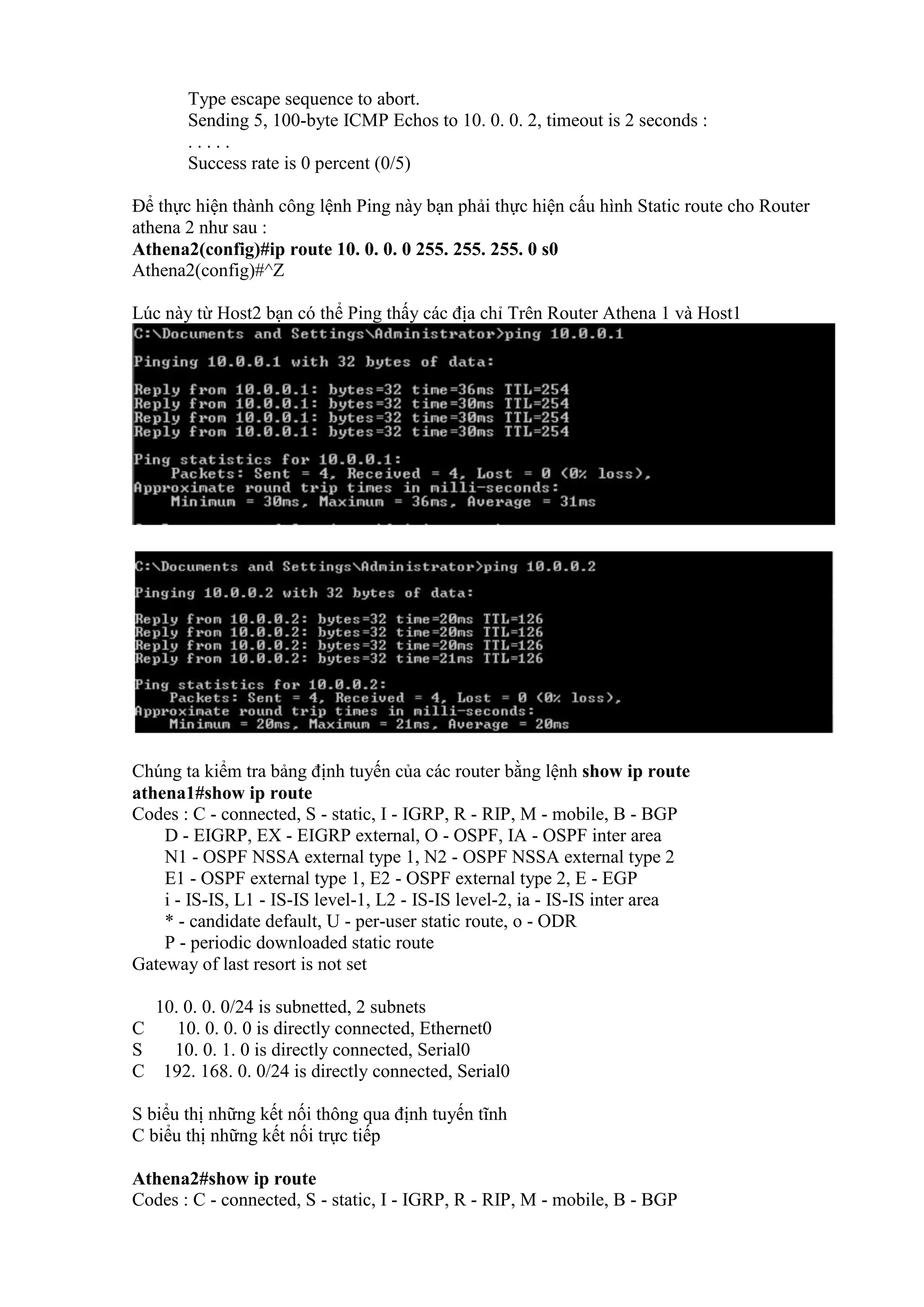 Type escape sequence to abort.
Sending 5, 100-byte ICMP Echos to 10. 0. 0. 2, timeout is 2 seconds :
. . . . .
Success rate is 0 percent (0/5)
Để thực hiện thành công lệnh Ping này bạn phải thực hiện cấu hình Static route cho Router
athena 2 như sau :
Athena2(config)#ip route 10. 0. 0. 0 255. 255. 255. 0 s0
Athena2(config)#^Z
Lúc này từ Host2 bạn có thể Ping thấy các địa chỉ Trên Router Athena 1 và Host1
Chúng ta kiểm tra bảng định tuyến của các router bằng lệnh show ip route
athena1#show ip route
Codes : C - connected, S - static, I - IGRP, R - RIP, M - mobile, B - BGP
D - EIGRP, EX - EIGRP external, O - OSPF, IA - OSPF inter area
N1 - OSPF NSSA external type 1, N2 - OSPF NSSA external type 2
E1 - OSPF external type 1, E2 - OSPF external type 2, E - EGP
i - IS-IS, L1 - IS-IS level-1, L2 - IS-IS level-2, ia - IS-IS inter area
* - candidate default, U - per-user static route, o - ODR
P - periodic downloaded static route
Gateway of last resort is not set
10. 0. 0. 0/24 is subnetted, 2 subnets
C 10. 0. 0. 0 is directly connected, Ethernet0
S 10. 0. 1. 0 is directly connected, Serial0
C 192. 168. 0. 0/24 is directly connected, Serial0
S biểu thị những kết nối thông qua định tuyến tĩnh
C biểu thị những kết nối trực tiếp
Athena2#show ip route
Codes : C - connected, S - static, I - IGRP, R - RIP, M - mobile, B - BGP
 