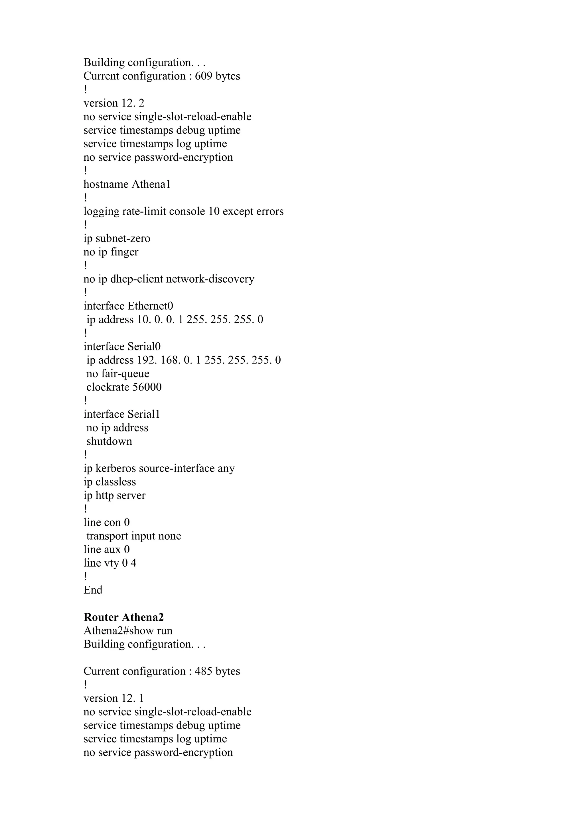 Building configuration. . .
Current configuration : 609 bytes
!
version 12. 2
no service single-slot-reload-enable
service timestamps debug uptime
service timestamps log uptime
no service password-encryption
!
hostname Athena1
!
logging rate-limit console 10 except errors
!
ip subnet-zero
no ip finger
!
no ip dhcp-client network-discovery
!
interface Ethernet0
ip address 10. 0. 0. 1 255. 255. 255. 0
!
interface Serial0
ip address 192. 168. 0. 1 255. 255. 255. 0
no fair-queue
clockrate 56000
!
interface Serial1
no ip address
shutdown
!
ip kerberos source-interface any
ip classless
ip http server
!
line con 0
transport input none
line aux 0
line vty 0 4
!
End
Router Athena2
Athena2#show run
Building configuration. . .
Current configuration : 485 bytes
!
version 12. 1
no service single-slot-reload-enable
service timestamps debug uptime
service timestamps log uptime
no service password-encryption
 