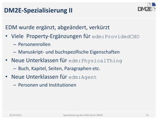 DM2E-Spezialisierung II

EDM wurde ergänzt, abgeändert, verkürzt
• Viele Property-Ergänzungen für edm:ProvidedCHO
    – Personenrollen
    – Manuskript- und buchspezifische Eigenschaften
• Neue Unterklassen für edm:PhysicalThing
    – Buch, Kapitel, Seiten, Paragraphen etc.
• Neue Unterklassen für edm:Agent
    – Personen und Institutionen




 26.03.2013                Spezialisierung des EDM durch DM2E   13
 