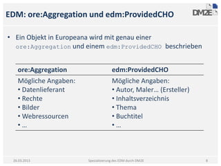 EDM: ore:Aggregation und edm:ProvidedCHO

• Ein Objekt in Europeana wird mit genau einer
  ore:Aggregation und einem edm:ProvidedCHO beschrieben


   ore:Aggregation                   edm:ProvidedCHO
   Mögliche Angaben:                 Mögliche Angaben:
   • Datenlieferant                  • Autor, Maler… (Ersteller)
   • Rechte                          • Inhaltsverzeichnis
   • Bilder                          • Thema
   • Webressourcen                   • Buchtitel
   •…                                •…



 26.03.2013            Spezialisierung des EDM durch DM2E          8
 