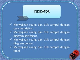 INDIKATOR 
 Menyajikan ruang dan titik sampel dengan 
cara mendaftar 
 Menyajikan ruang dan titik sampel dengan 
diagram kartesisus 
 Menyajikan ruang dan titik sampel dengan 
diagram pohon 
 Menyajikan ruang dan titik sampel dengan 
tabel 
 