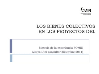 LOS BIENES COLECTIVOS
    EN LOS PROYECTOS DEL


    Síntesis de la experiencia FOMIN
Marco Dini consultor(diciembre 2011)
 
