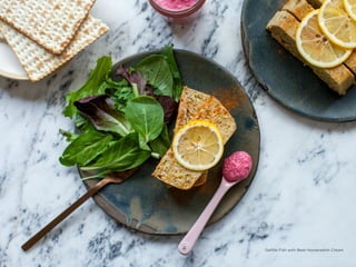 9 DINING WITH DYSPHAGIA: A COOKBOOK
Gefilte Fish with Beet-Horseradish Cream
 
