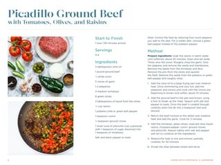 6 DINING WITH DYSPHAGIA: A COOKBOOK
Start to Finish
1 hour (30 minutes active)
Servings
3-4
Ingredients
2 tablespoons olive oil
1 pound ground beef
½ white onion
5 cloves of garlic
1-2 jalapenos
4 medium tomatoes
8 green olives
2 tablespoons of liquid from the olives
¼ cup raisins
1 poblano chile or green bell pepper
1 teaspoon cumin
¼ teaspoon ground cloves
1 small cone of piloncillo (can substitute
with 1 teaspoon of sugar dissolved into
1 teaspoon of molasses)
Salt and black pepper to taste
Note: Control the heat by reducing how much jalapeno
you add to the dish. For a milder dish, choose a green
bell pepper instead of the poblano pepper.
Method
Prepare ingredients: Soak the raisins in warm water
until softened, about 20 minutes. Drain and set aside.
Thinly slice the onion. Roughly chop the garlic. Dice
the jalapeno and remove the seeds and membranes.
Remove the seeds from the tomatoes and dice.
Remove the pits from the olives and quarter
the flesh. Remove the seeds from the poblano or green
bell pepper and roughly chop.
1.	 Add the olive oil to a large frying pan over medium
heat. Once shimmering and very hot, add the
jalapenos and onions and cook until the onions are
beginning to brown and soften, about 10 minutes.
2.	 Add the ground beef to the pan and brown, using
a fork to break up the meat. Season with salt and
pepper to taste. Once the beef is cooked through,
carefully drain the fat into a heatproof dish and
discard.
3.	 Return the beef mixture to the skillet over medium
heat and add the garlic. Cook for 2 minutes.
4.	Add the tomatoes, green olives, reserved olive liquid,
raisins, chopped pepper, cumin, ground cloves,
and piloncillo. Season lightly with salt and pepper
and stir to combine all the ingredients.
5.	 Reduce the heat to low and simmer, partially
covered, for 30 minutes.
6.	 Divide the stew between bowls and serve.
Picadillo Ground Beef
with Tomatoes, Olives, and Raisins
 