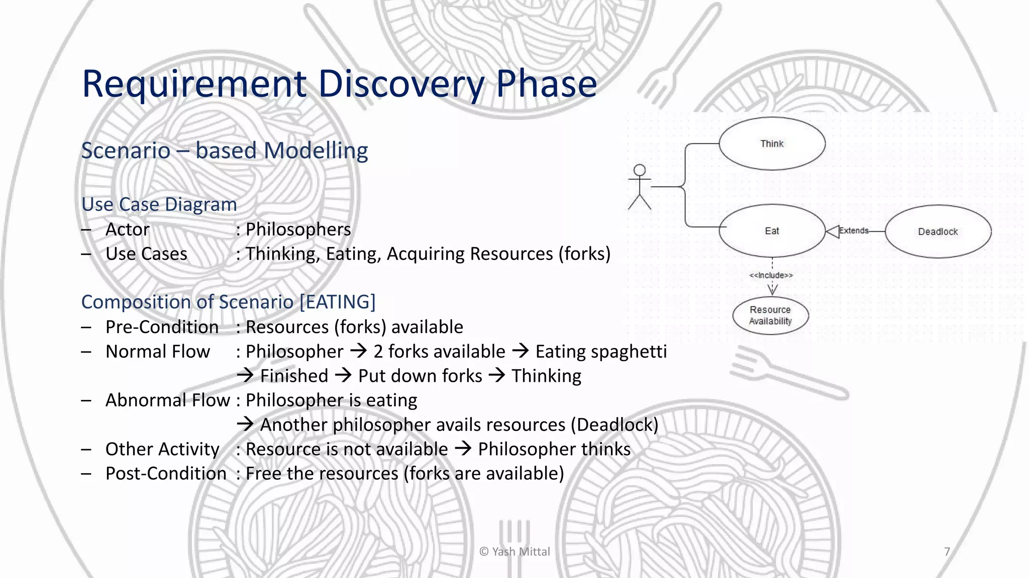 Requirement Discovery Phase
Scenario – based Modelling
Use Case Diagram
– Actor : Philosophers
– Use Cases : Thinking, Eating, Acquiring Resources (forks)
Composition of Scenario [EATING]
– Pre-Condition : Resources (forks) available
– Normal Flow : Philosopher  2 forks available  Eating spaghetti
 Finished  Put down forks  Thinking
– Abnormal Flow : Philosopher is eating
 Another philosopher avails resources (Deadlock)
– Other Activity : Resource is not available  Philosopher thinks
– Post-Condition : Free the resources (forks are available)
© Yash Mittal 7
 