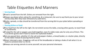 Table Etiquettes And Manners 
• Serving food: 
Food is served from the left. Dishes are removed from the right. 
Always say please when asking for something. At a restaurant, be sure to say thank you to your server 
and bus boy after they have removed any used items. 
Butter, spreads, or dips should be transferred from the serving dish to your plate before spreading or 
eating. 
• Passing dishes or food: 
Pass food from the left to the right. Do not stretch across the table, crossing other guests, to reach food 
or condiments. 
If asked for the salt or pepper, pass both together, even if a table mate asks for only one of them. This 
is so dinner guests won't have to search for orphaned shakers. 
Set any passed item, whether it's the salt and pepper shakers, a bread basket, or a butter plate, directly 
on the table instead of passing hand-to-hand. 
Never intercept a pass. Snagging a roll out of the breadbasket or taking a shake of salt when it is en 
route to someone else is a no-no. 
Always use serving utensils to serve yourself, not your personal silverware. 
 
