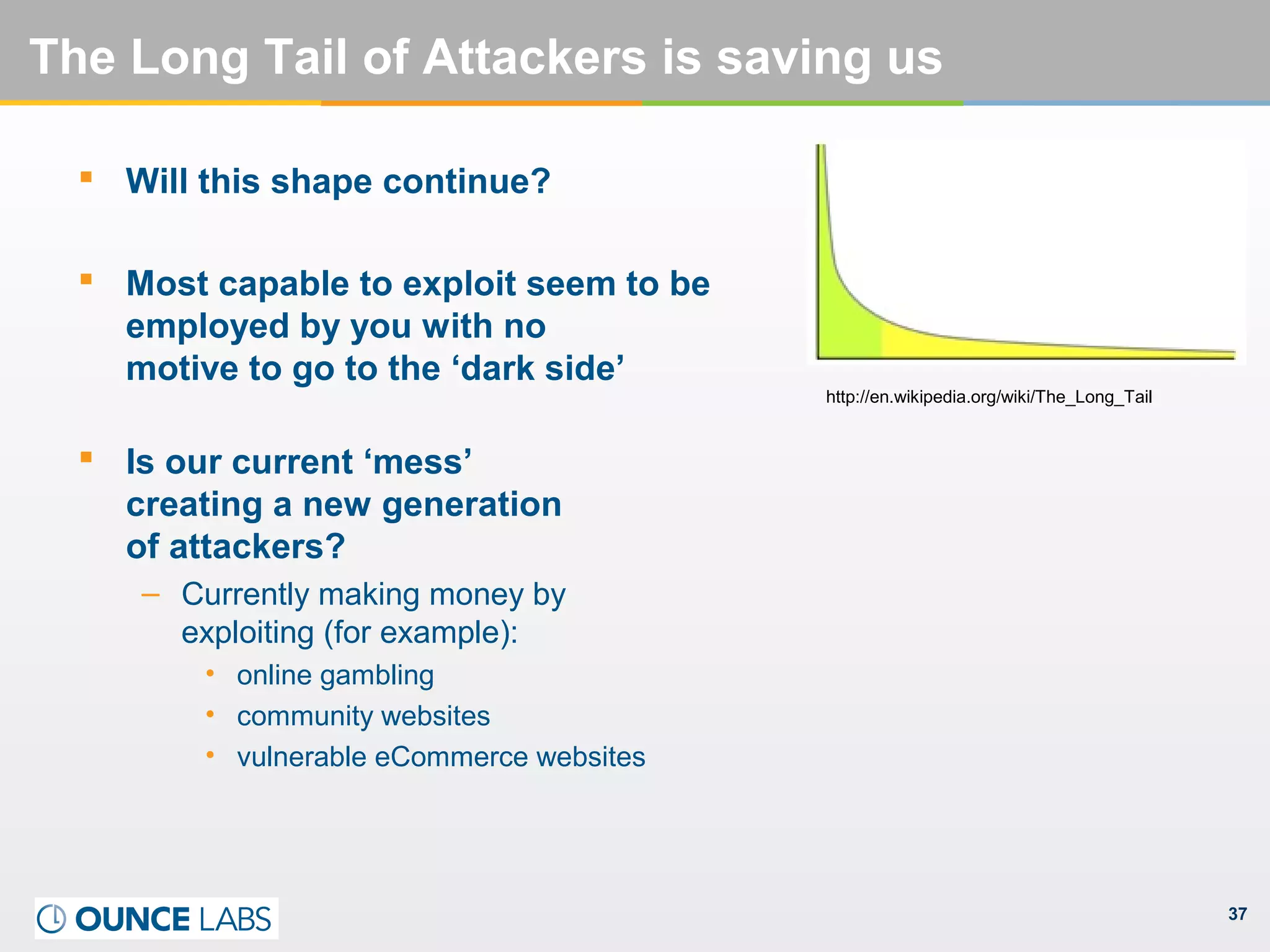 37
The Long Tail of Attackers is saving us
 Will this shape continue?
 Most capable to exploit seem to be
employed by you with no
motive to go to the ‘dark side’
 Is our current ‘mess’
creating a new generation
of attackers?
– Currently making money by
exploiting (for example):
• online gambling
• community websites
• vulnerable eCommerce websites
http://en.wikipedia.org/wiki/The_Long_Tail
 