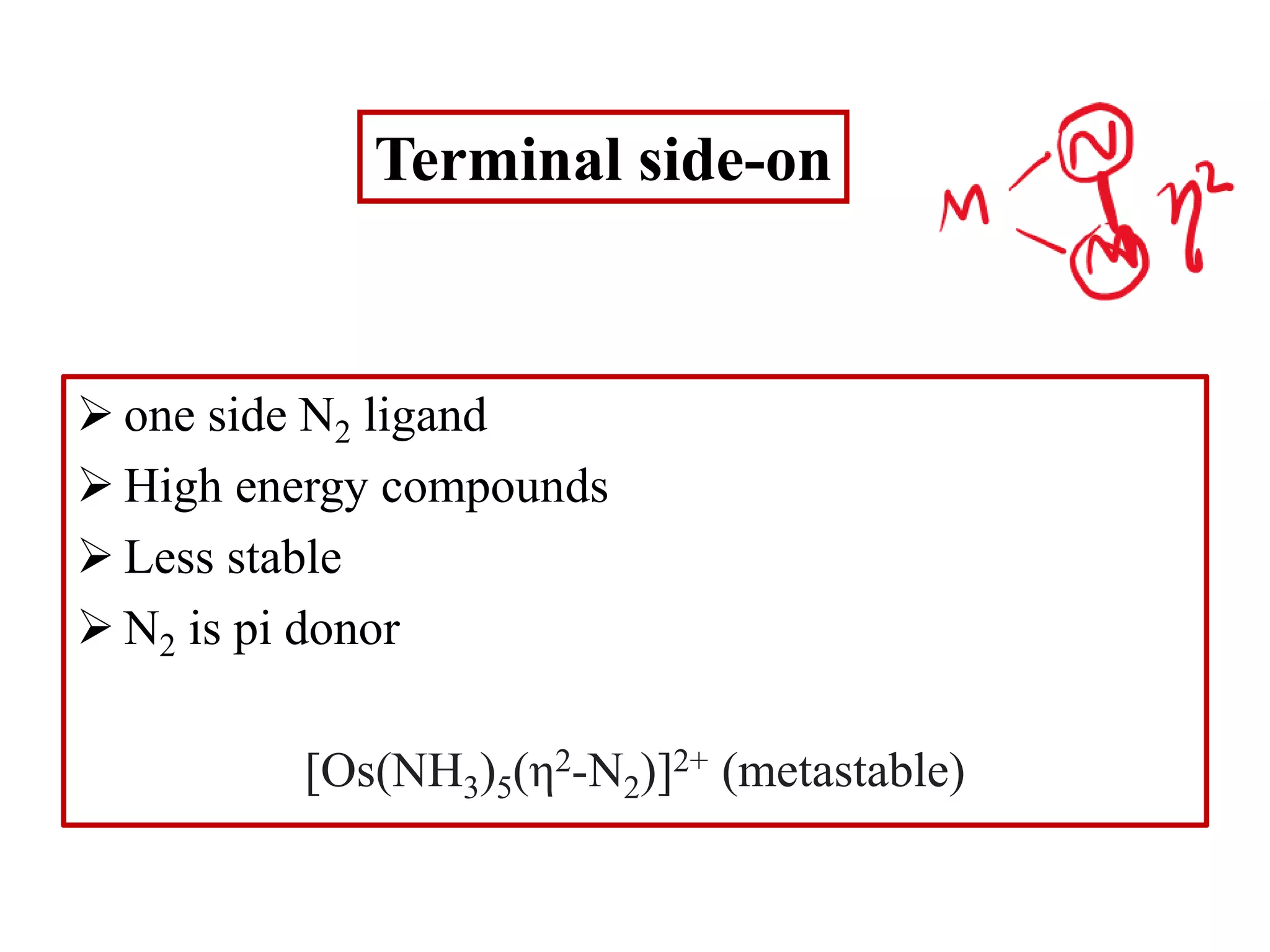 Terminal side-on
 one side N2 ligand
 High energy compounds
 Less stable
 N2 is pi donor
[Os(NH3)5(η2-N2)]2+ (metastable)
 