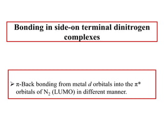  π-Back bonding from metal d orbitals into the π*
orbitals of N2 (LUMO) in different manner.
Bonding in side-on terminal dinitrogen
complexes
 