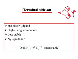 Terminal side-on
 one side N2 ligand
 High energy compounds
 Less stable
 N2 is pi donor
[Os(NH3)5(η2-N2)]2+ (metastable)
 