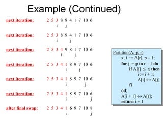 Example (Continued)
next iteration:     2 5 3 8 9 4 1 7 10 6
                        i   j

next iteration:     2 5 3 8 9 4 1 7 10 6
                        i     j

next iteration:     2 5 3 4 9 8 1 7 10 6
                                           Partition(A, p, r)
                                            Partition(A, p, r)
                          i     j
                                                x, ii := A[r], pp––1;
                                                 x, := A[r],         1;
next iteration:     2 5 3 4 1 8 9 7 10 6        for jj:= ppto rr––11do
                                                 for := to             do
                            i     j                   if A[j] ≤ xxthen
                                                       if A[j] ≤ then
                                                           ii:= ii+ 1;
                                                              := + 1;
next iteration:     2 5 3 4 1 8 9 7 10 6                   A[i] ↔ A[j]
                                                            A[i] ↔ A[j]
                            i        j                fi
                                                       fi
                                                od;
                                                 od;
next iteration:     2 5 3 4 1 8 9 7 10 6
                                                A[i + 1] ↔ A[r];
                                                 A[i + 1] ↔ A[r];
                            i          j
                                                return ii+ 1
                                                 return + 1
after final swap:   2 5 3 4 1 6 9 7 10 8
                            i          j
 