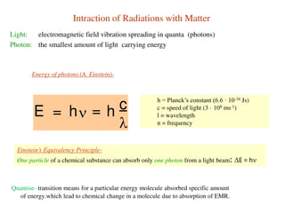 Intraction of Radiations with Matter
Light: electromagnetic field vibration spreading in quanta (photons)
Photon: the smallest amount of light carrying energy
Quantise- transition means for a particular energy molecule absorbed specific amount
of energy.which lead to chemical change in a molecule due to absorption of EMR.
Energy of photons (A. Einstein)-
E = c

h h=
h = Planck’s constant (6.6 · 10-34 Js)
c = speed of light (3 · 108 ms-1)
l = wavelength
n = frequency
Einstein’s Equivalency Principle-
One particle of a chemical substance can absorb only one photon from a light beam: DE = h
 