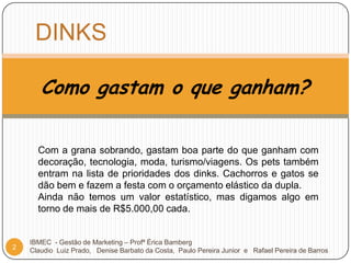 DINKSComo gastam o que ganham?Com a grana sobrando, gastam boa parte do que ganham com decoração, tecnologia, moda, turismo/viagens. Os pets também entram na lista de prioridades dos dinks. Cachorros e gatos se dão bem e fazem a festa com o orçamento elástico da dupla. Ainda não temos um valor estatístico, mas digamos algo em torno de mais de R$5.000,00 cada. 2IBMEC  - Gestão de Marketing – Profª Érica BambergClaudio  Luiz Prado,   Denise Barbato da Costa,  Paulo Pereira Junior  e   Rafael Pereira de Barros 