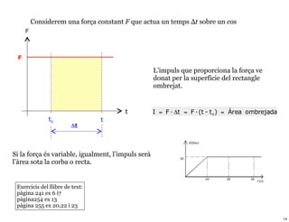 Considerem una força constant F que actua un temps Δt sobre un cos




                                                    L’impuls que proporciona la força ve
                                                    donat per la superfície del rectangle
                                                    ombrejat.


                                                    I = F · Δt = F · (t - t 0 ) = Àrea ombrejada




Si la força és variable, igualment, l’impuls serà
l’àrea sota la corba o recta.


 Exercicis del llibre de text:
 pàgina 241 ex 6 i7
 pàgina254 ex 13
 pàgina 255 ex 20,22 i 23

                                                                                                   14
 
