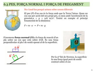 6.3 PES, FORÇA NORMAL I FORÇA DE FREGAMENT
                      No s’anul·len perquè actuen sobre cossos diferents
                      El pes (P) d’un cos és la força amb que la Terra l’atrau. Quan un
                      cos cau per acció del seu propi pes, es mou amb l’acceleració de la
                      gravetat,a = g = 9,8 m/s2. Tenint en compte el principi
                      fonamental de la dinàmica:

                      F=m⋅a → P=m⋅g




S’anomena força normal (N) a la força de reacció d’un
pla sobre un cos que està sobre d’ell. És una força
perpendicular al pla i de sentit oposat al de la superfície.




                                                    Per la 3ª llei de Newton, la superfície
                                                    fa una força igual però de sentit
                                                    contrari sobre el cos


                                                                                              16
 