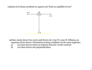 1.Quina és la força resultant en aquest cas? Està en equilibri el cos?




 2.Dues mules tiren d’un carro amb forces de 1750 N i 1250 N. Dibuixa un
  esquema de les forces i determina la força resultant en els casos següents:
  a)    Les dues forces tenen la mateixa direcció i sentit contrari
  b)    Les dues forces són perpendiculars




                                                                                9
 