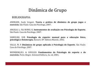 Dinâmica	
  de	
  Grupo	
  
BIBLIOGRAFIA:	
  	
  
ANDRADE,	
   Suely	
   Gregori.	
   Teoria	
   e	
   prática	
   de	
   dinâmica	
   de	
   grupo	
   jogos	
   e	
  
exercício.	
  São	
  Paulo:	
  Casa	
  do	
  Psicólogo,	
  2007.	
  
ANGELO,	
  L.	
  F.&	
  RUBIO,	
  K.	
  Instrumentos	
  de	
  avaliação	
  em	
  Psicologia	
  do	
  Esporte.	
  
São	
  Paulo:	
  Casa	
  do	
  Psicólogo,	
  2007.	
  
SAMULSKI,	
   D.M.	
   Psicologia	
   do	
   esporte:	
   manual	
   para	
   a	
   educação	
   ?ísica,	
  
psicologia	
  e	
  ?isioterapia.	
  Barueri,	
  SP:	
  Editora	
  Manole,	
  2002.	
  
VALLE,	
   M.	
   P.	
   Dinâmicas	
   de	
   grupo	
   aplicada	
   à	
   Psicologia	
   do	
   Esporte.	
   São	
   Paulo:	
  
Casa	
  do	
  Psicólogo,	
  2007.	
  
WEINBERG,R.S.	
   &	
   GOULD,D.	
   Fundamentos	
   da	
   Psicologia	
   do	
   esporte	
   e	
   do	
  
exercício.	
  Porto	
  Alegre:	
  Artemed	
  Editora,	
  2a.	
  ed,	
  2001.	
  
 