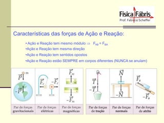 Características das forças de Ação e Reação:
• Ação e Reação tem mesmo módulo  FAB = FBA
•Ação e Reação tem mesma direção
•Ação e Reação tem sentidos opostos
•Ação e Reação estão SEMPRE em corpos diferentes (NUNCA se anulam)

 
