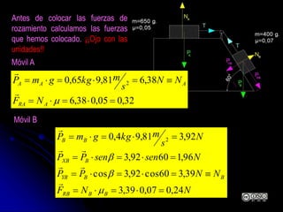 Antes de colocar las fuerzas de
rozamiento calculamos las fuerzas
que hemos colocado. ¡¡Ojo con las
unidades!!
32,005,038,6
38,681,965,0 2


ARA
AAA
NF
NN
s
mkggmP


Móvil A
Móvil B
NNF
NNPP
NsensenPP
N
s
mkggmP
BBRB
BBYB
BXB
BB
24,007,039,3
39,360cos92,3cos
96,16092,3
92,381,94,0 2





b
b




 