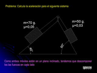 Problema: Calcula la aceleración para el siguiente sistema
Como ambos móviles están en un plano inclinado, tendemos que descomponer
los las fuerzas en cada lado
 