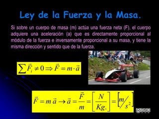 Ley de la Fuerza y la Masa.
 2
. s
m
Kg
N
m
F
aamF 








Si sobre un cuerpo de masa (m) actúa una fuerza neta (F), el cuerpo
adquiere una aceleración (a) que es directamente proporcional al
módulo de la fuerza e inversamente proporcional a su masa, y tiene la
misma dirección y sentido que de la fuerza.
  amFFi

0
 