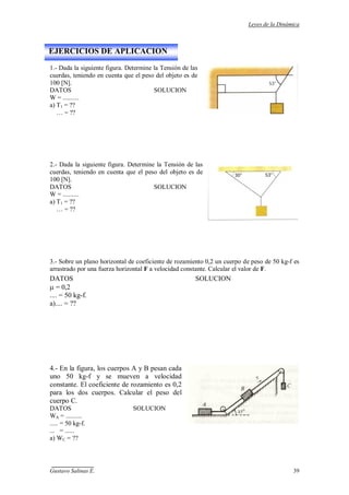 Leyes de la Dinámica
Gustavo Salinas E. 39
1.- Dada la siguiente figura. Determine la Tensión de las
cuerdas, teniendo en cuenta que el peso del objeto es de
100 [N].
DATOS SOLUCION
W = ..........
a) T1 = ??
… = ??
2.- Dada la siguiente figura. Determine la Tensión de las
cuerdas, teniendo en cuenta que el peso del objeto es de
100 [N].
DATOS SOLUCION
W = ..........
a) T1 = ??
… = ??
3.- Sobre un plano horizontal de coeficiente de rozamiento 0,2 un cuerpo de peso de 50 kg-f es
arrastrado por una fuerza horizontal F a velocidad constante. Calcular el valor de F.
DATOS SOLUCION
= 0,2
.... = 50 kg-f.
a).... = ??
4.- En la figura, los cuerpos A y B pesan cada
uno 50 kg-f y se mueven a velocidad
constante. El coeficiente de rozamiento es 0,2
para los dos cuerpos. Calcular el peso del
cuerpo C.
DATOS SOLUCION
WA = ..........
..... = 50 kg-f.
... = ......
a) WC = ??
EJERCICIOS DE APLICACION
 