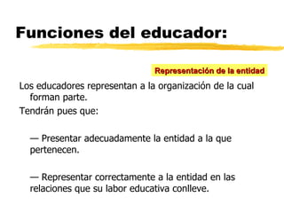 Funciones del educador: Representación de la entidad Los educadores representan a la organización de la cual forman parte....