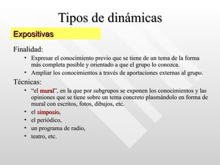 Tipos de dinámicas Finalidad:  Expresar el conocimiento previo que se tiene de un tema de la forma más completa posible y orientado a que el grupo lo conozca.  Ampliar los conocimientos a través de aportaciones externas al grupo.  Técnicas: “ el  mural ”, en la que por subgrupos se exponen los conocimientos y las opiniones que se tiene sobre un tema concreto plasmándolo en forma de mural con escritos, fotos, dibujos, etc.  el  simposio ,  el periódico,  un programa de radio,  teatro, etc. Expositivas 