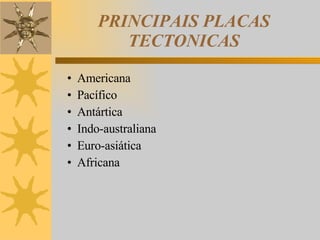PRINCIPAIS PLACAS TECTONICAS Americana Pacífico Antártica Indo-australiana Euro-asiática Africana 