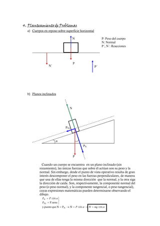 N                         P: Peso del cuerpo
                                             N: Normal
                                             P´, N´: Reacciones




                   P
N´                                  P´




               N




             PTG



         α
                               PN


                   P




 . cos
         α
                       . cos             . cos
 