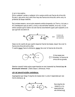 37




A ver si me explico.
Entre cualquier cuerpo y cualquier otro cuerpo existe una fuerza de atracción.
Es decir, que entre vos y este libro hay una fuerza de atracción, entre vos y la
pirámide de Keops también.

De la misma manera, vos en este momento estás atrayendo a la Tierra, a la Luna, a
mí ( dondequiera que yo esté ), al sol y a las estrellas también. A su vez, c/u de
estos cuerpos ejerce sobre vos una fuerza exactamente igual ( pero opuesta ) a la
que ejercés vos sobre él.


                                                                  FUERZA DE
                                                                  ATRACCIÓN
                                                                  DE NEWTON



Isaac se dio cuenta de que cuanto mayores fueran las masas, mayor iba a ser la
fuerza de atracción entre ellas.
Y cuanto mayor fuera la distancia, menor iba a ser la fuerza de atracción.



                                                             Si las masas son
                                                             Grandes, la fuerza de
                                                             atracción es grande.



Newton resumió todos estos experimentos en una tremenda ley llamada Ley de
Gravitación Universal ( Ídolo Isaac! ). Entonces, título:

LEY DE GRAVITACIÓN UNIVERSAL

Supongamos que tengo 2 objetos de masas eme 1 y eme 2 separados por una
Cierta distancia d .



                                                              Dos objetos de
                                                               masas m1 y m2
                                                              separados por
                                                              una distancia d.
 