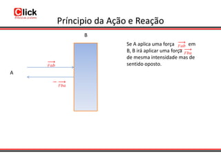 Príncipio da Ação e Reação
          B
                    Se A aplica uma força      em
                    B, B irá aplicar uma força
                    de mesma intensidade mas de
                    sentido oposto.
A
 