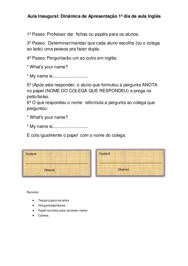 Dinâmicas Para Aula De Inglês Dinâmica 1º dia de Aula Ingles