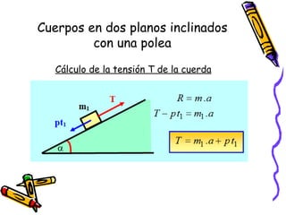 Cuerpos en dos planos inclinados
con una polea
Cálculo de la tensión T de la cuerda