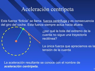 35
Aceleración centrípeta
Esta fuerza “ficticia” se llama fuerza centrífuga y es consecuencia
del giro del coche. Esta fuerza siempre actúa hacia afuera.
¿por qué la bola del extremo de la
cuerda no sigue una trayectoria
rectilínea?
La única fuerza que apreciamos es la
tensión de la cuerda
La aceleración resultante se conoce con el nombre de
aceleración centrípeta.
 
