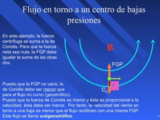 37
En este ejemplo, la fuerza
centrífuga se suma a la de
Coriolis. Para que la fuerza
neta sea nula, la FGP debe
igualar la suma de las otras
dos.
Puesto que la FGP no varía, la
de Coriolis debe ser menor que
para el flujo no curvo (geostrófico).
Puesto que la fuerza de Coriolis es menor y ésta es proporcional a la
velocidad, ésta debe ser menor. Por tanto, la velocidad del viento en
torno a una baja es menor que el flujo rectilíneo con una misma FGP.
Este flujo se llama subgeostrófico.
Flujo en torno a un centro de bajas
presiones
B
FGP
Co
Fc
 