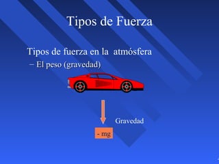 4
Tipos de Fuerza
Tipos de fuerza en la atmósfera
– El peso (gravedad)El peso (gravedad)
Gravedad
- mg
 