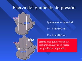 7
Ignoremos la densidad
P ~ 4 mb/100 km
P ~ 8 mb/100 km
cuanto más juntas están las
isobaras, mayor es la fuerza
del gradiente de presión
Fuerza del gradiente de presión
1012
1016
1012
1020
1016
 