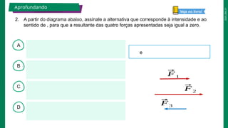 2025_EM_V1
A
B
C
D
e
2. A partir do diagrama abaixo, assinale a alternativa que corresponde à intensidade e ao
sentido de , para que a resultante das quatro forças apresentadas seja igual a zero.
Aprofundando
⃗
F1
⃗
F2
⃗
F3
Veja no livro!
 