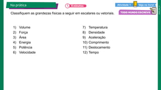 2025_EM_V1
1) Volume​
2) Força​
3) Área​
4) Energia​
5) Potência​
6) Velocidade​
7) Temperatura​
8) Densidade​
9) Aceleração​
10) Comprimento​
11) Deslocamento​
12) Tempo​
Classifiquem as grandezas físicas a seguir em escalares ou vetoriais.
Na prática Veja no livro!
Atividade 1
 