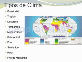 Tipos de Clima
 Equatorial

 Tropical

 Desértico

 Temperado

 Mediterrâneo

 Subtropical

 Frio

 Semiárido

 Polar

 Frio de Montanha
 
