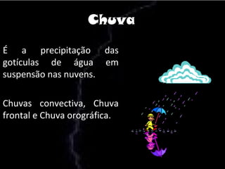Chuva
É a precipitação das
gotículas de água em
suspensão nas nuvens.
Chuvas convectiva, Chuva
frontal e Chuva orográfica.
 