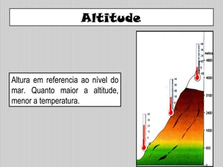 Altitude
Altura em referencia ao nível do
mar. Quanto maior a altitude,
menor a temperatura.
 